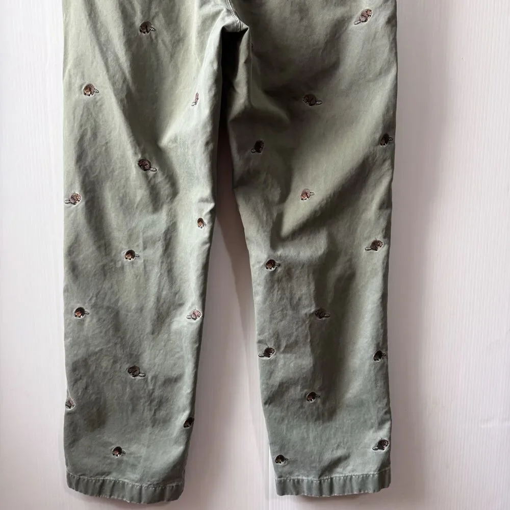 VTG J.Crew Critter Chinos Mens (34X32Tag) Beaver Embroidery Olive Green Rare